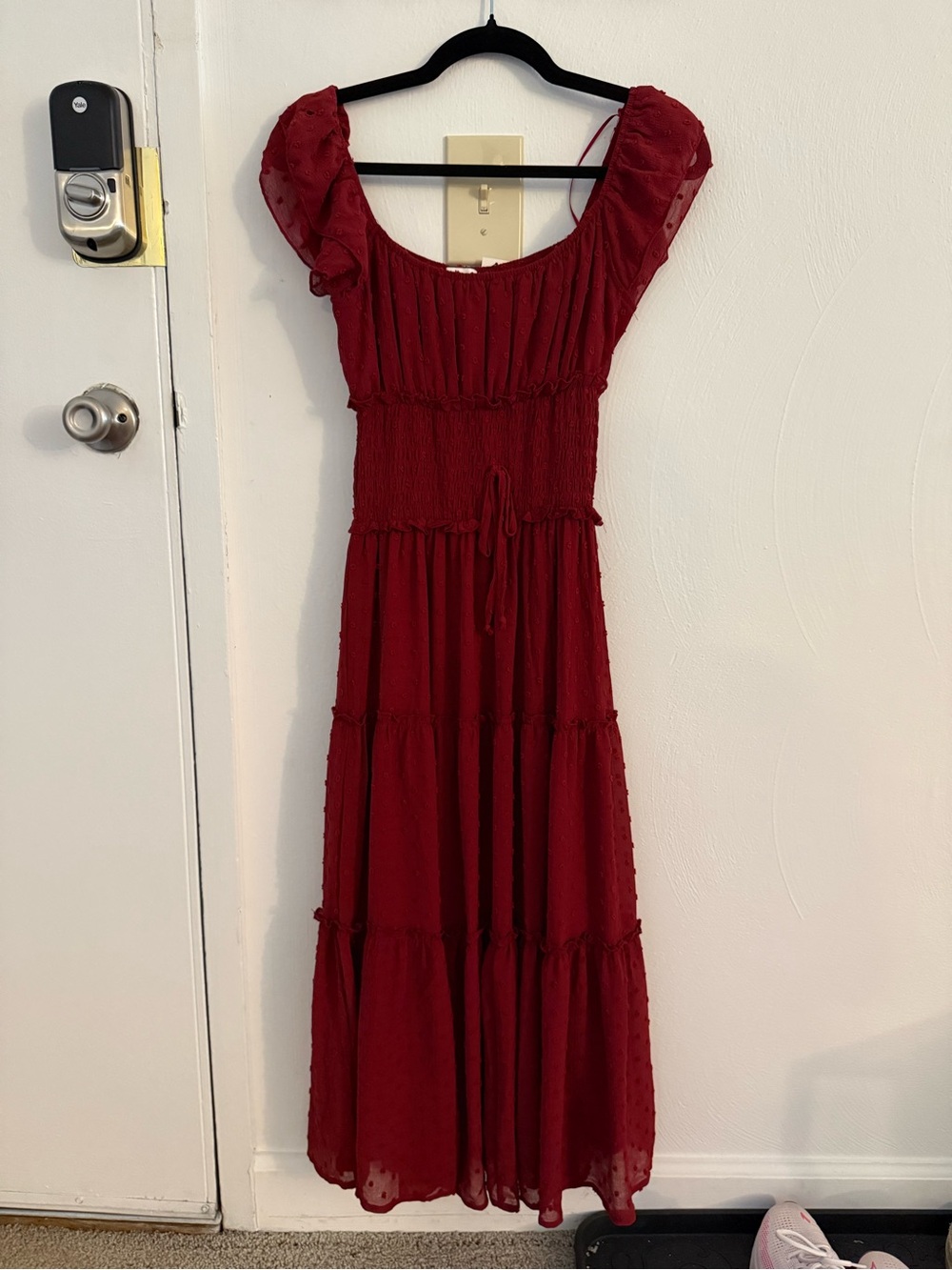 Francesca’s Red Tiered Maxi Dress with Puff Sleeves